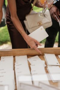 Guest picking up their personalized passport holders at Hannah and Dylan's wedding