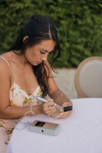 Cat Lauren Calligraphy hand-engraving room sprays at Hannah and Dylan's Rehearsal Dinner